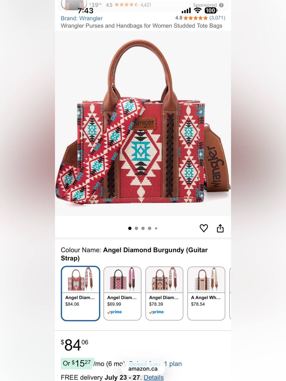 Wrangler Red and Blue Canvas Tote with Southwestern Design